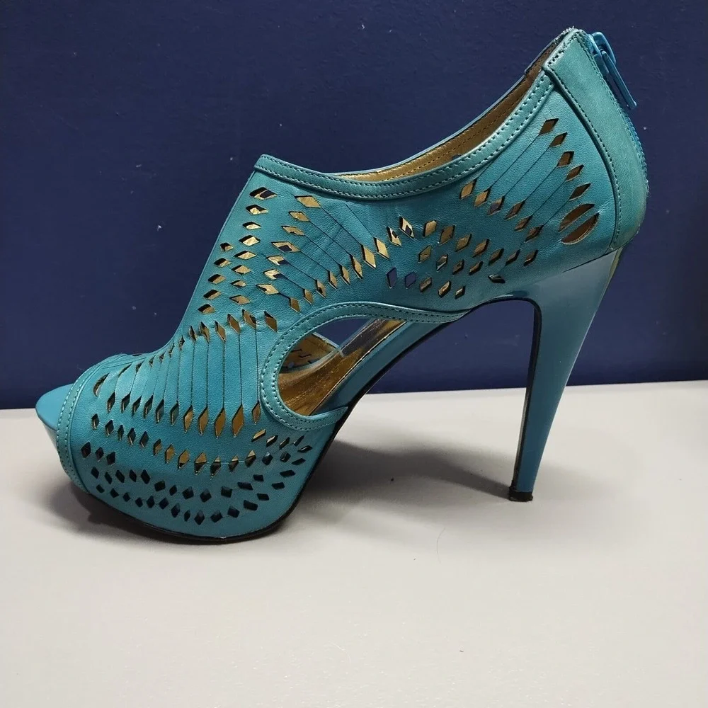 Carlos Santana Joplin Platform Heels Womens 8 Turquoise Leather Cut Out Open Toe